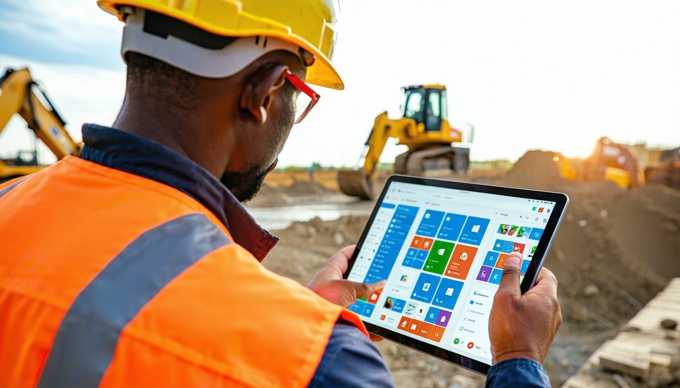 A construction manager using a tablet with Microso