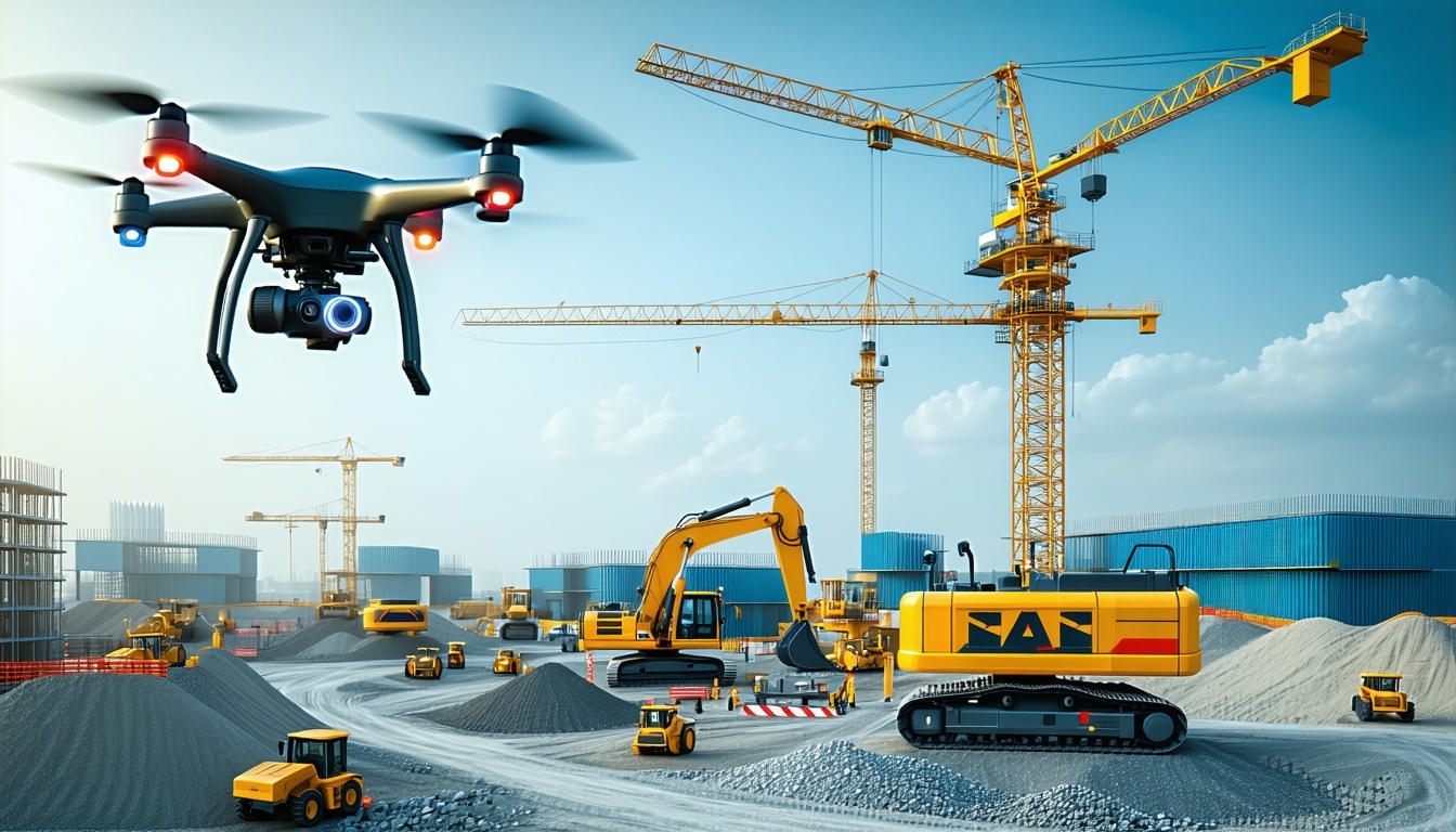 A construction site with AI-powered drones and aut