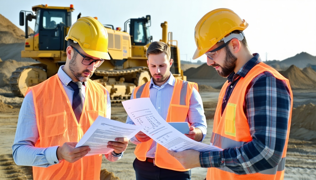 A construction site with workers reviewing financi