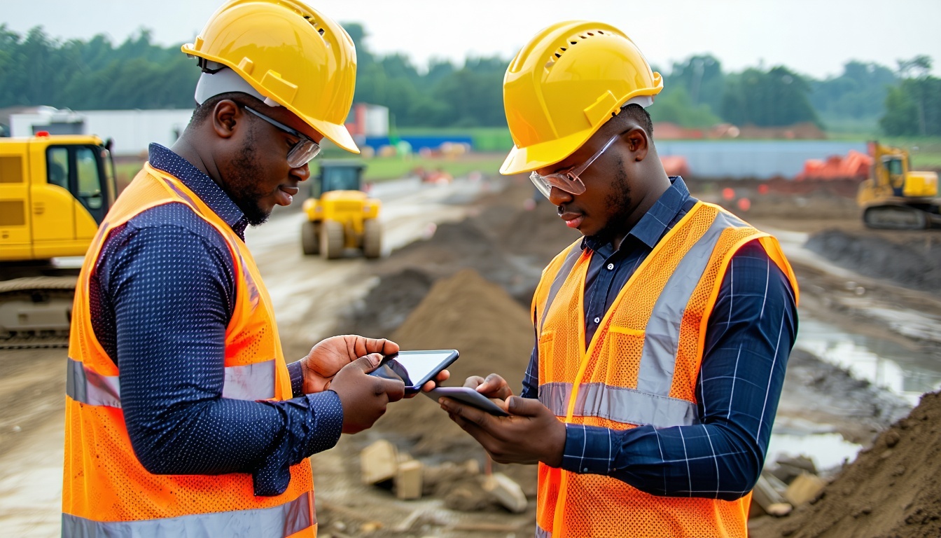 A construction site with workers using tablets and