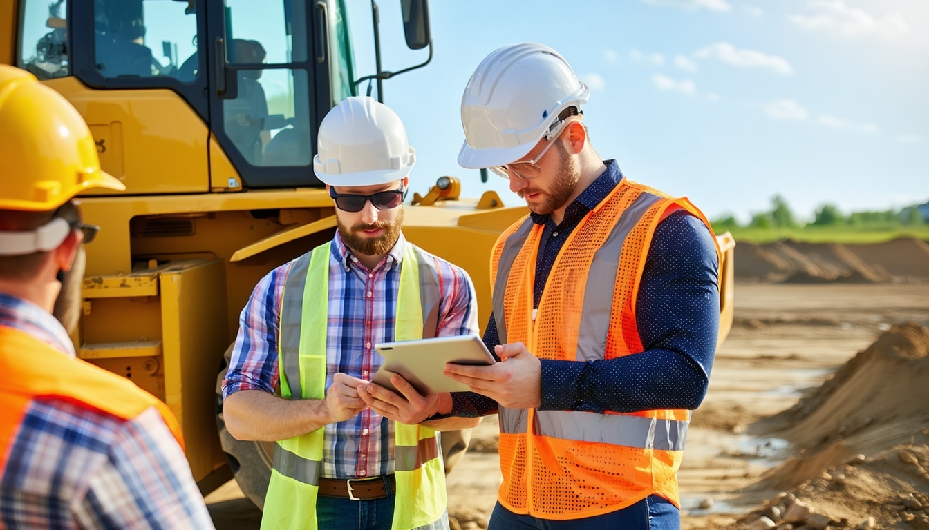 Construction managers using digital tools on a con