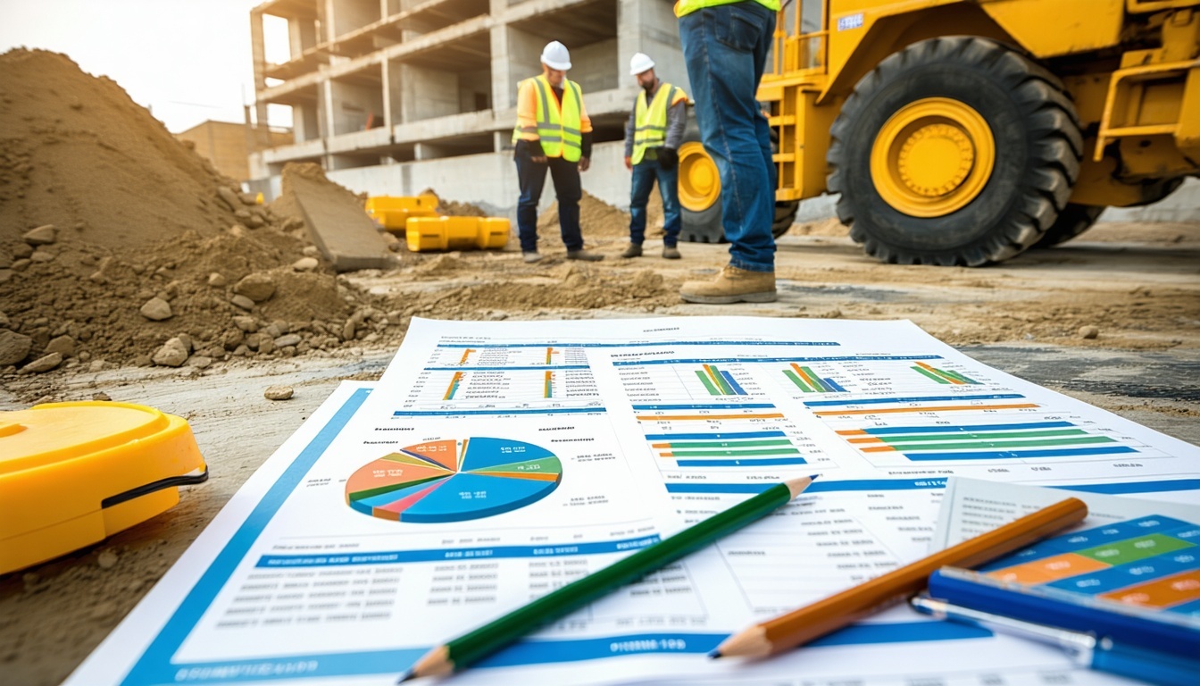 Construction site with workers and finance documen